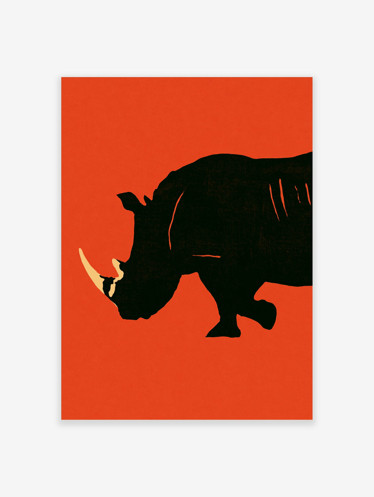 Black rhinoceros silhouette on orange background, animal wall art print in portrait orientation