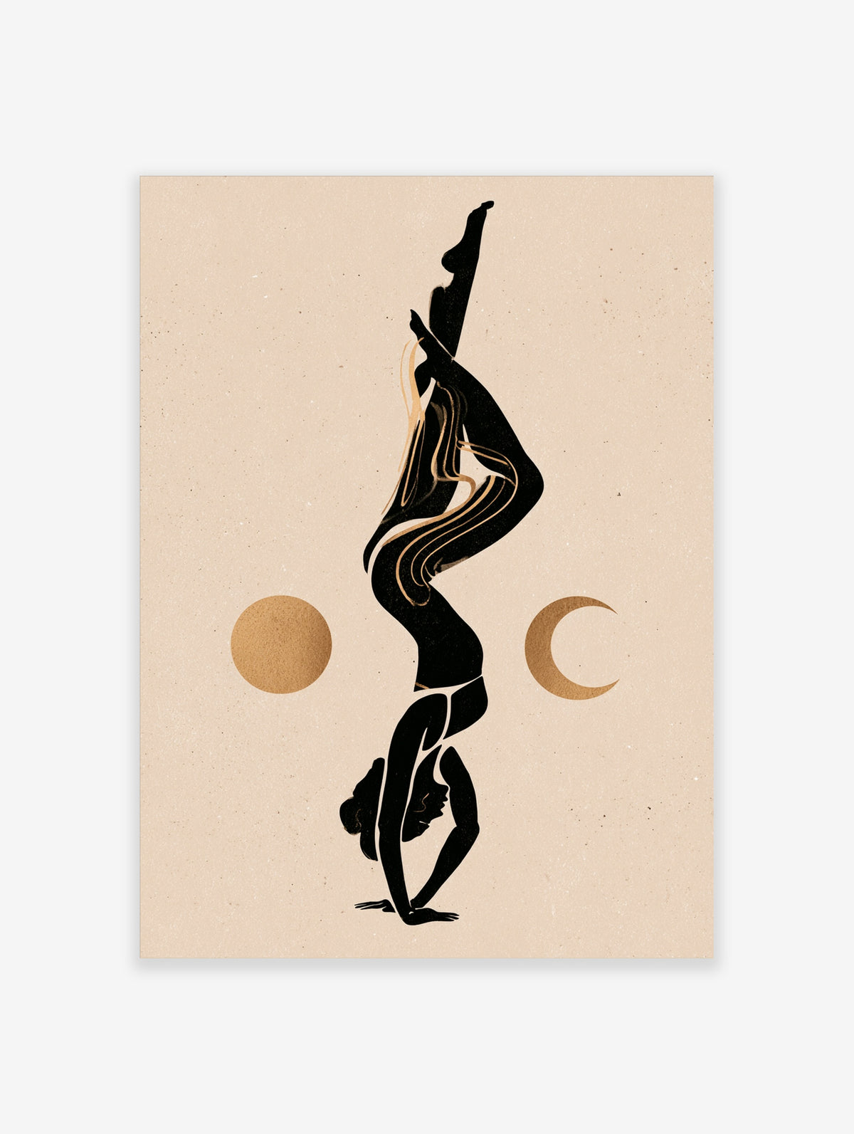 Black silhouette yoga pose art print with gold sun and crescent moon on beige background