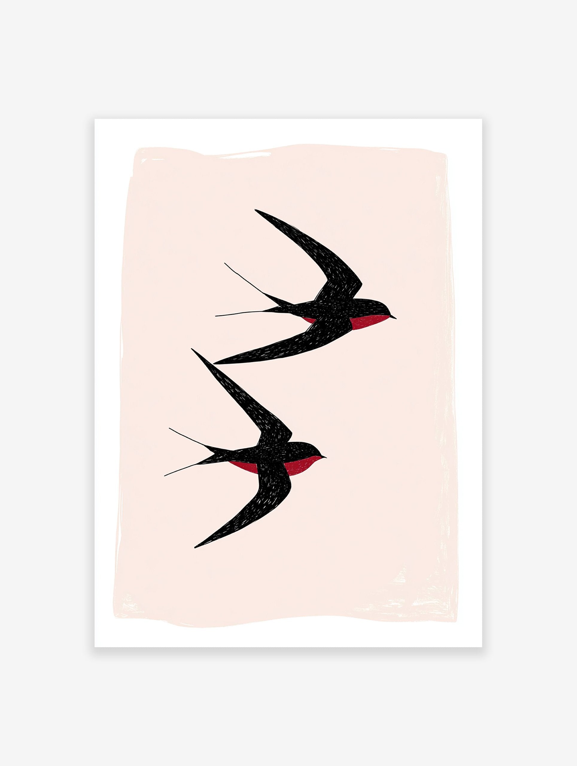 Black Swallows Wall Art print showing two minimalist black swallows with red details flying against a light pink background.