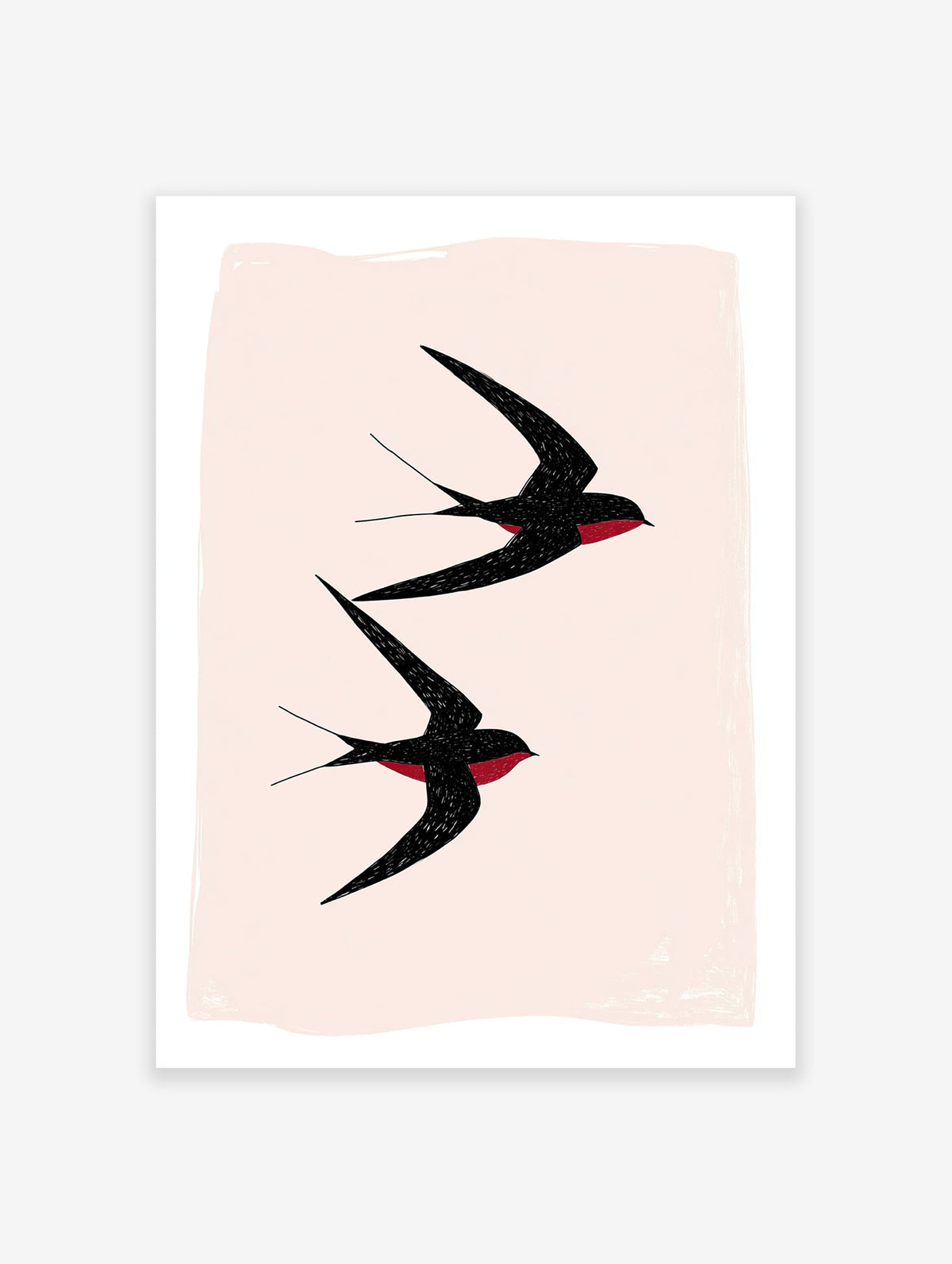 Black Swallows Wall Art print showing two minimalist black swallows with red details flying against a light pink background.