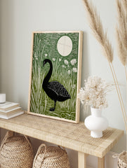 Black swan standing in water surrounded by green cattails and white flowers, with a large, in an alternate framed mockup