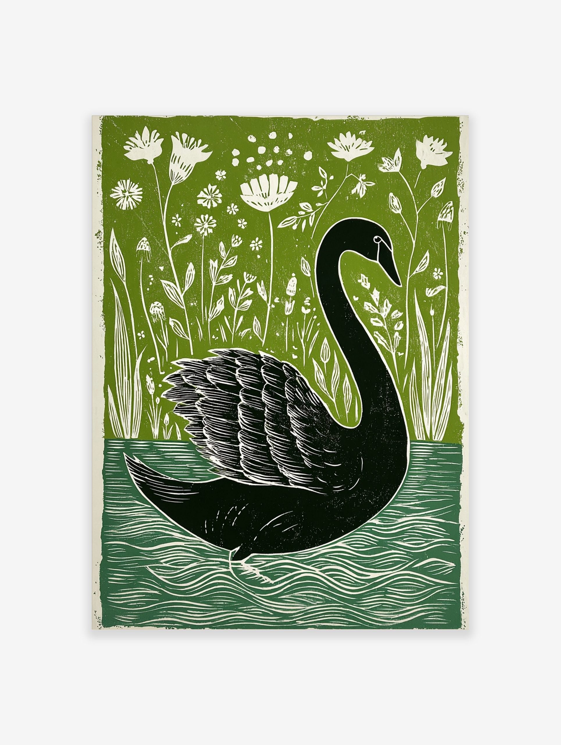 Black swan swimming among white wildflowers and green reeds in a linocut style art print
