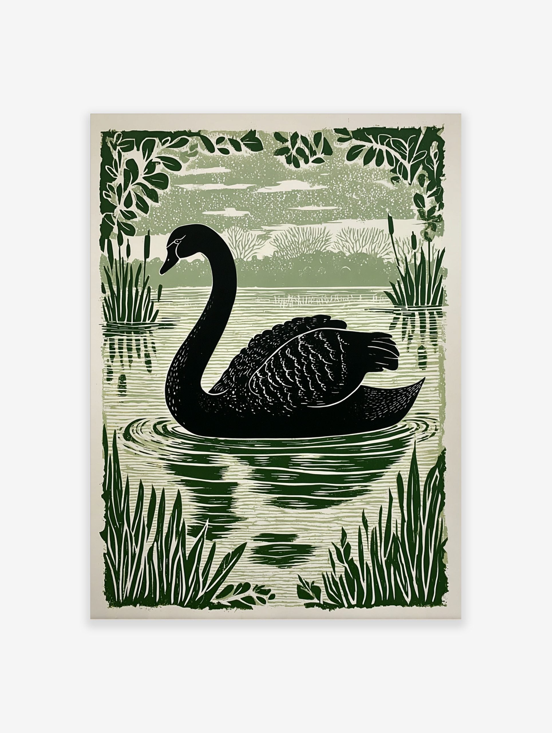 Black swan swimming in a lake, surrounded by green reeds and leafy branches in an illustrative style