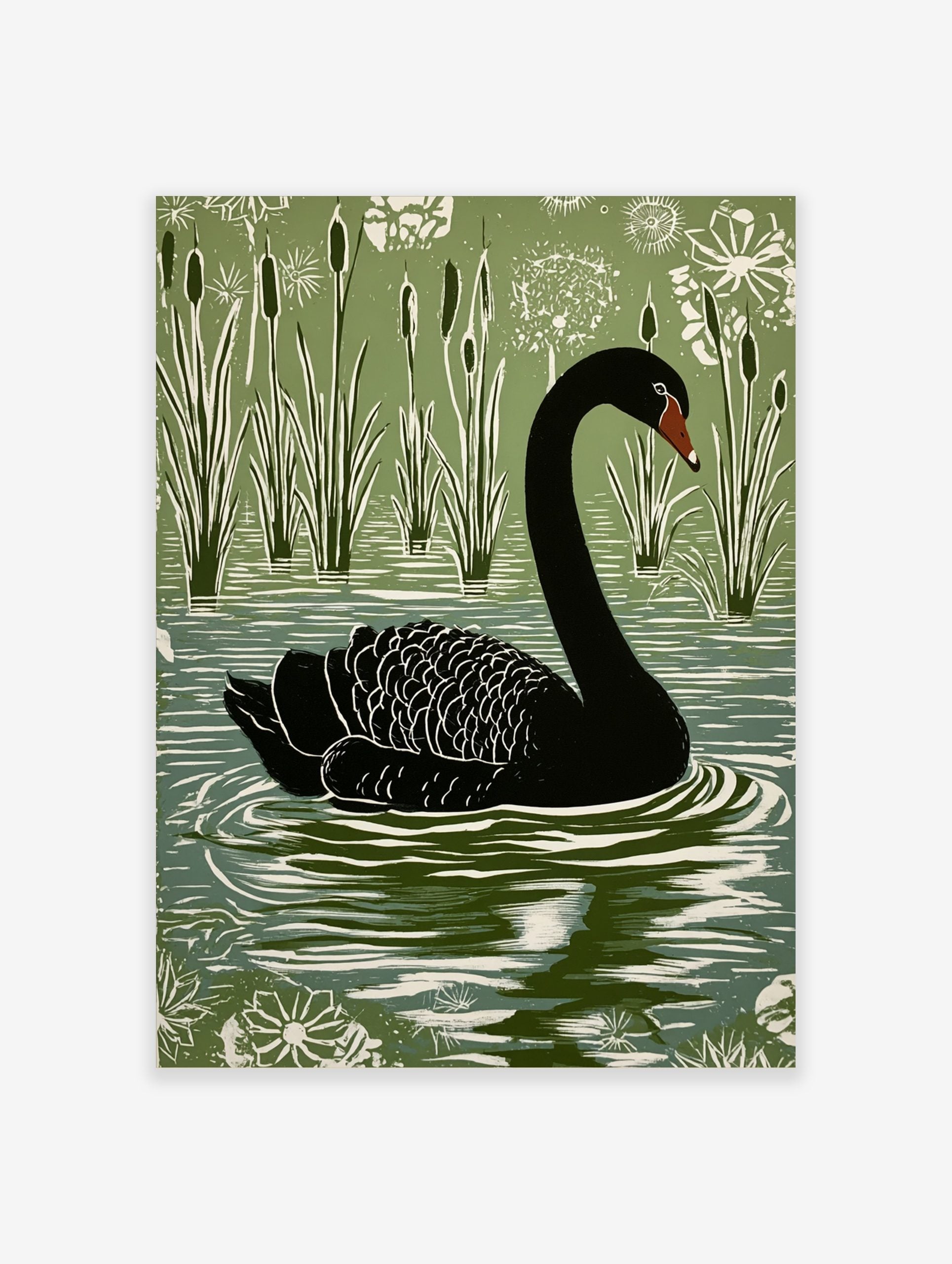 Black swan linocut style art print swimming in a lake with green reeds and white flowers