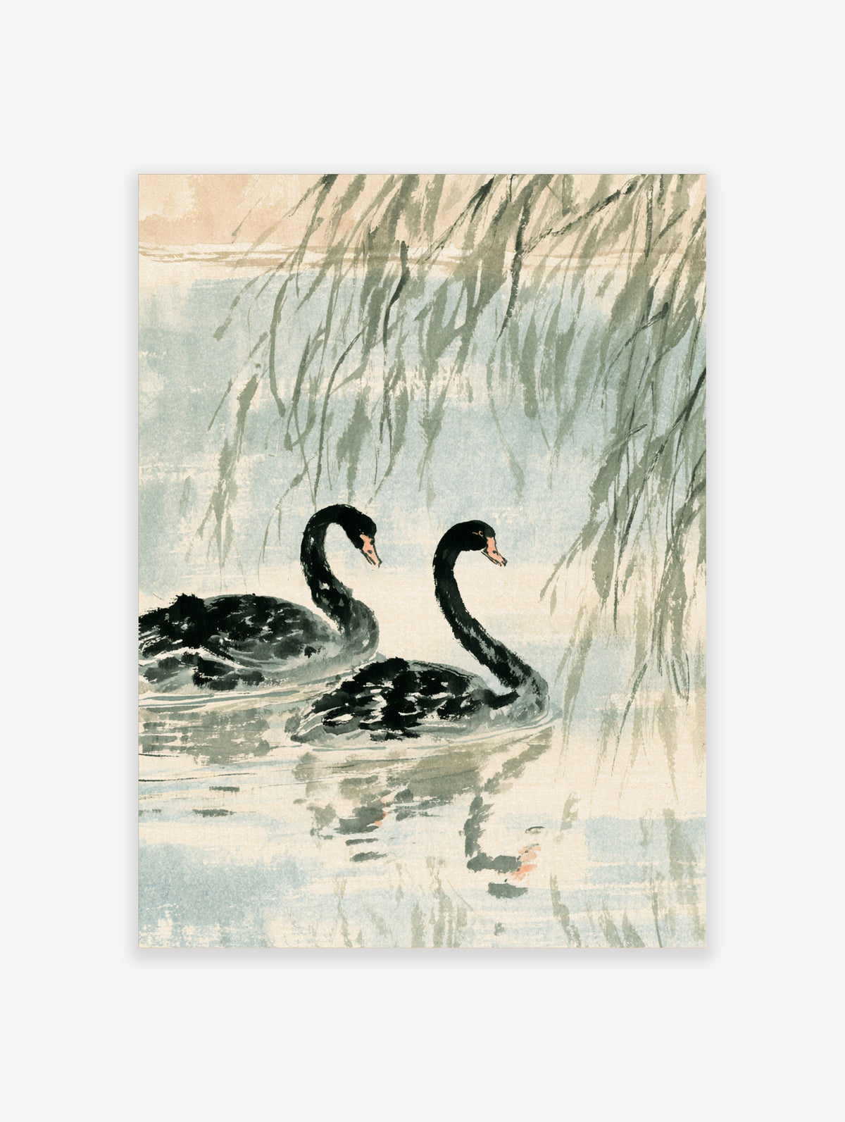 Two black swans swimming under willow branches in Japanese ink style art print