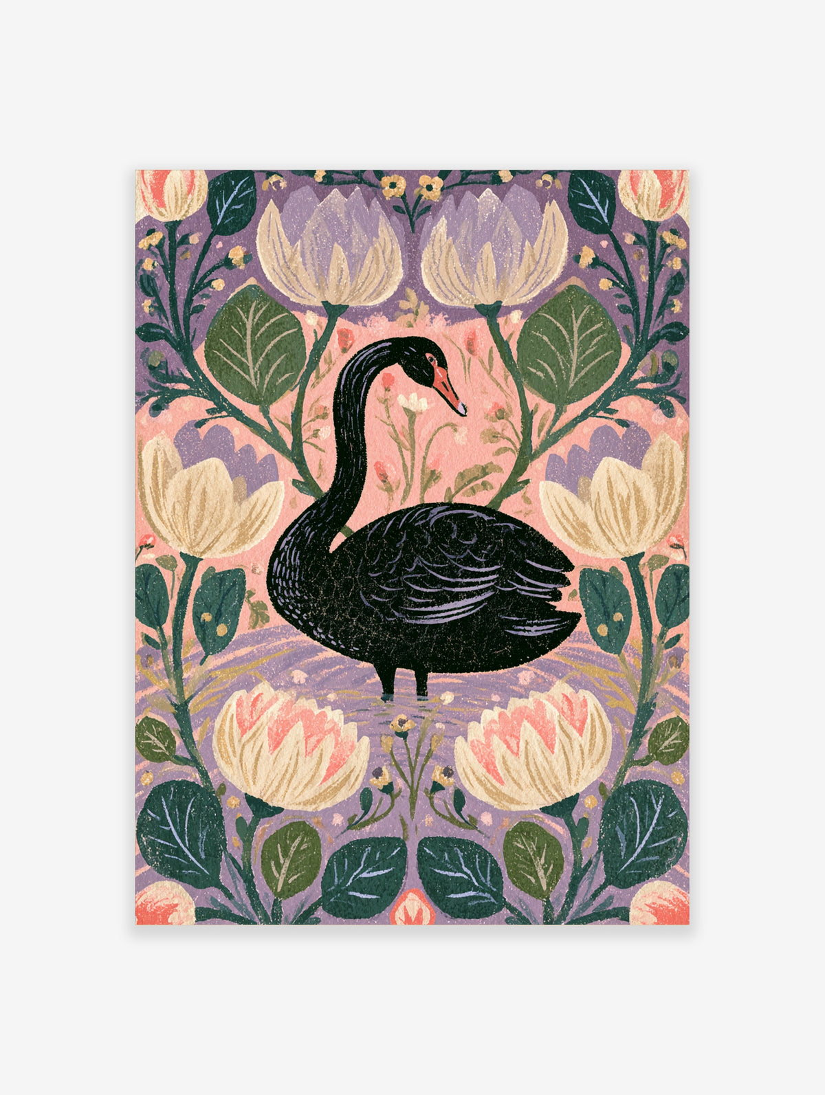 Black swan illustration with stylised lotus flowers and green leaves on a pink and purple background