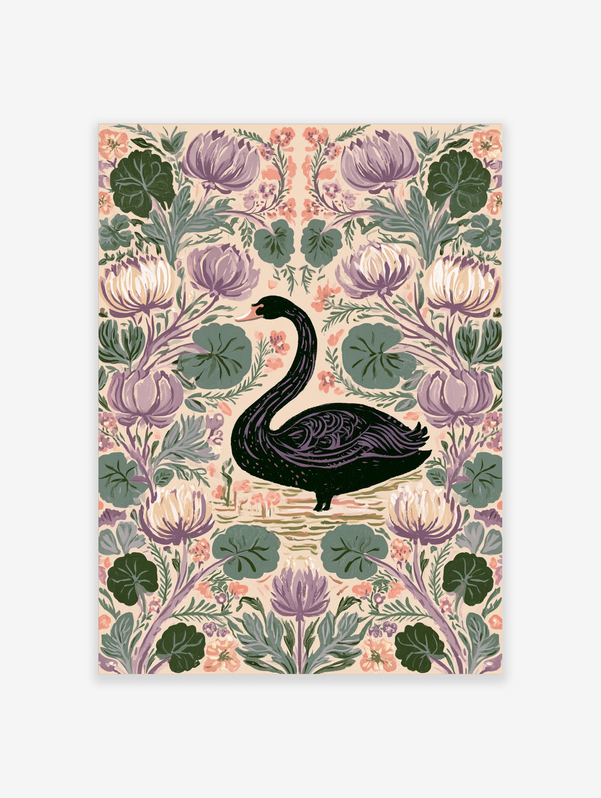 Black swan art print with purple flowers and green lily pads on beige background