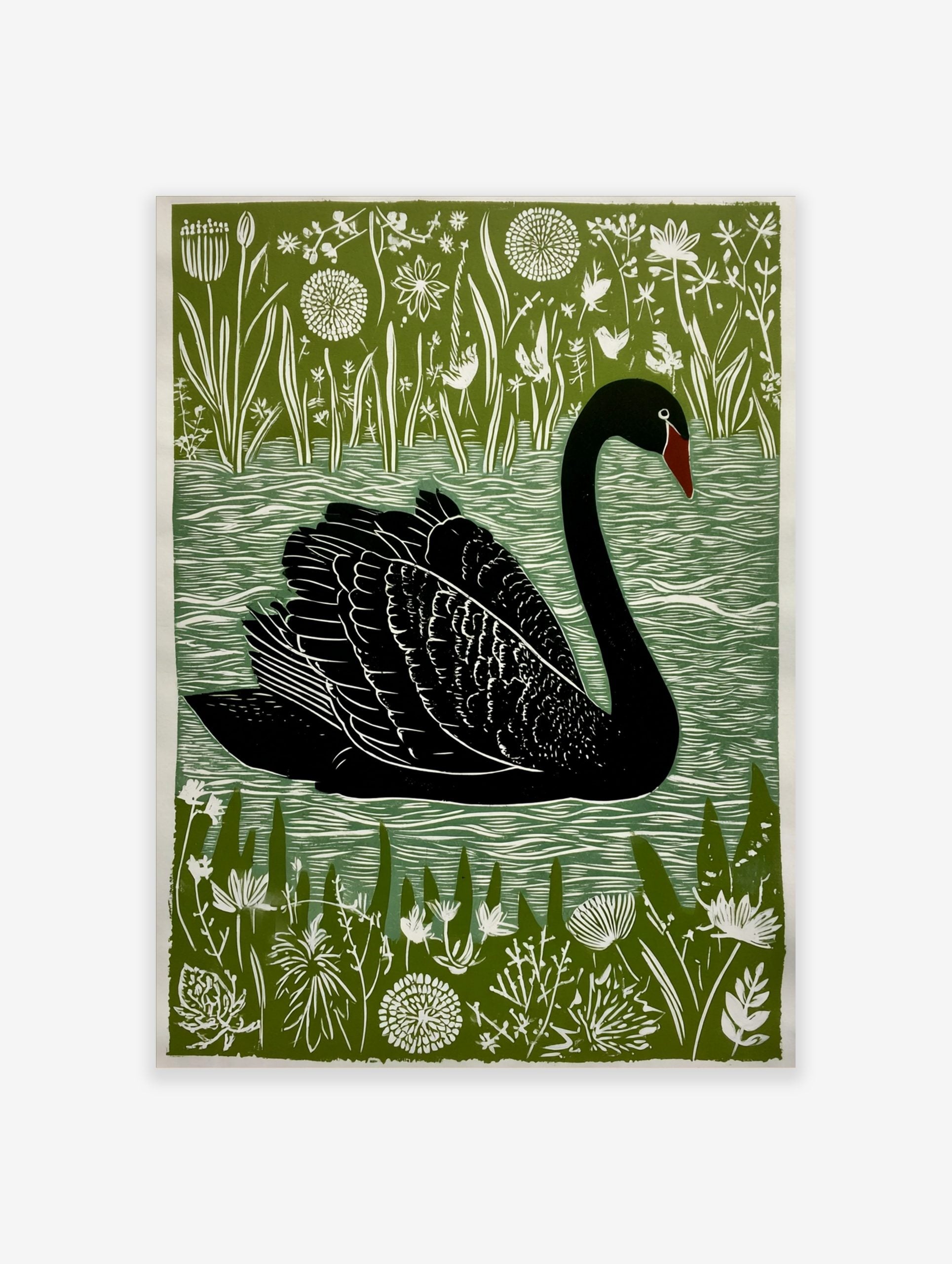 Black swan linocut style art print on green background with white botanical plants and water