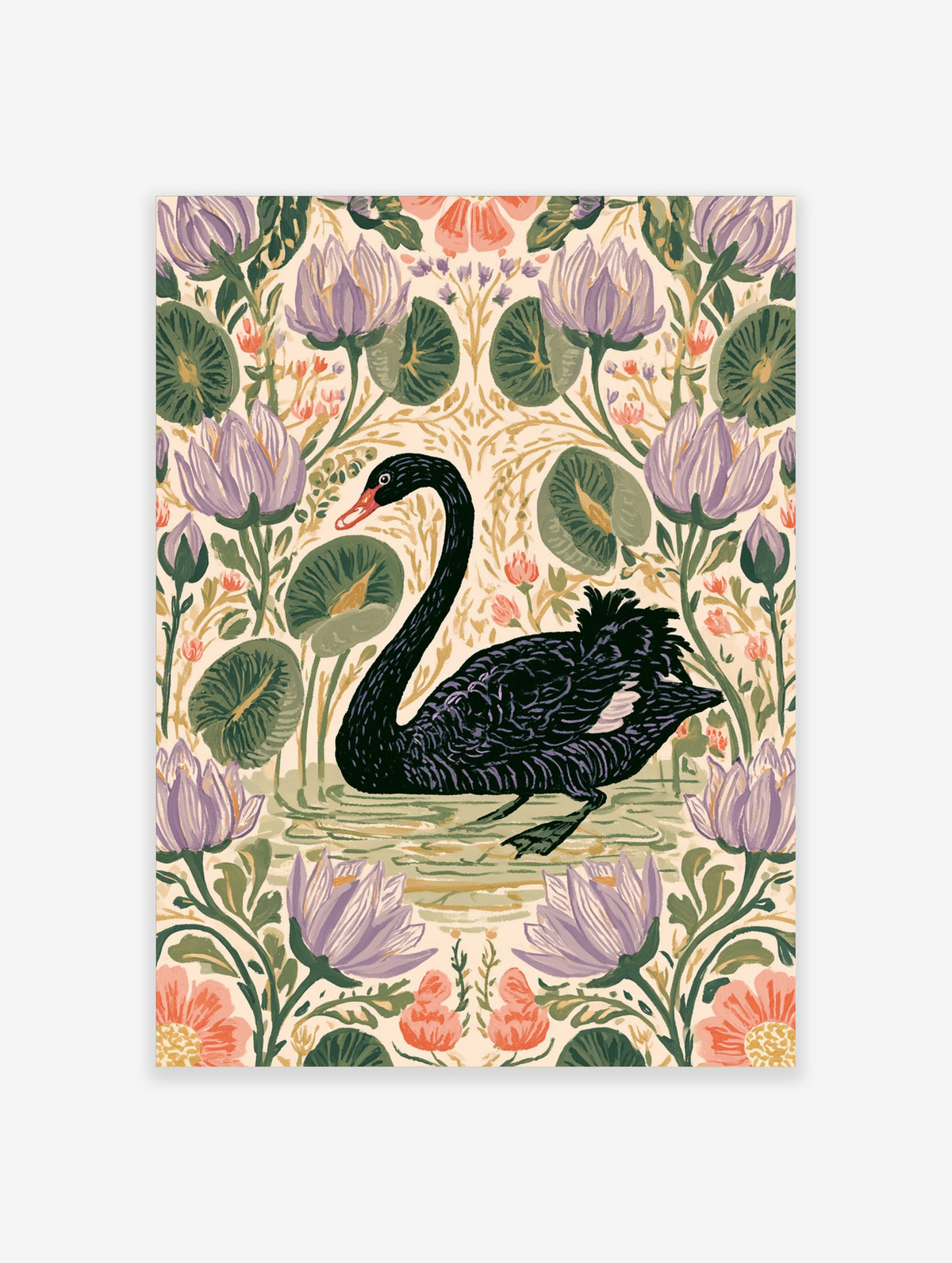 Black swan art print floating among purple lotus flowers and green lily pads on a cream background