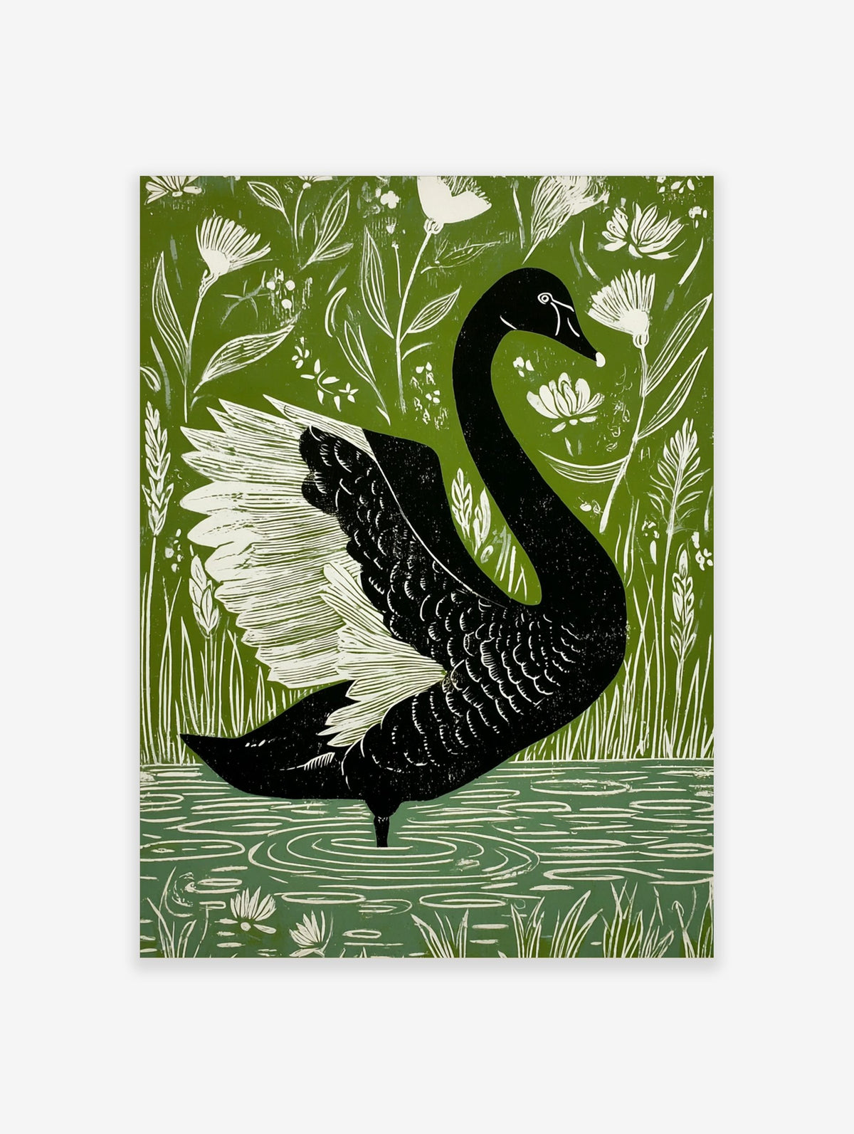 Black swan with white wings in a bold illustrative style, surrounded by green foliage and white flowers