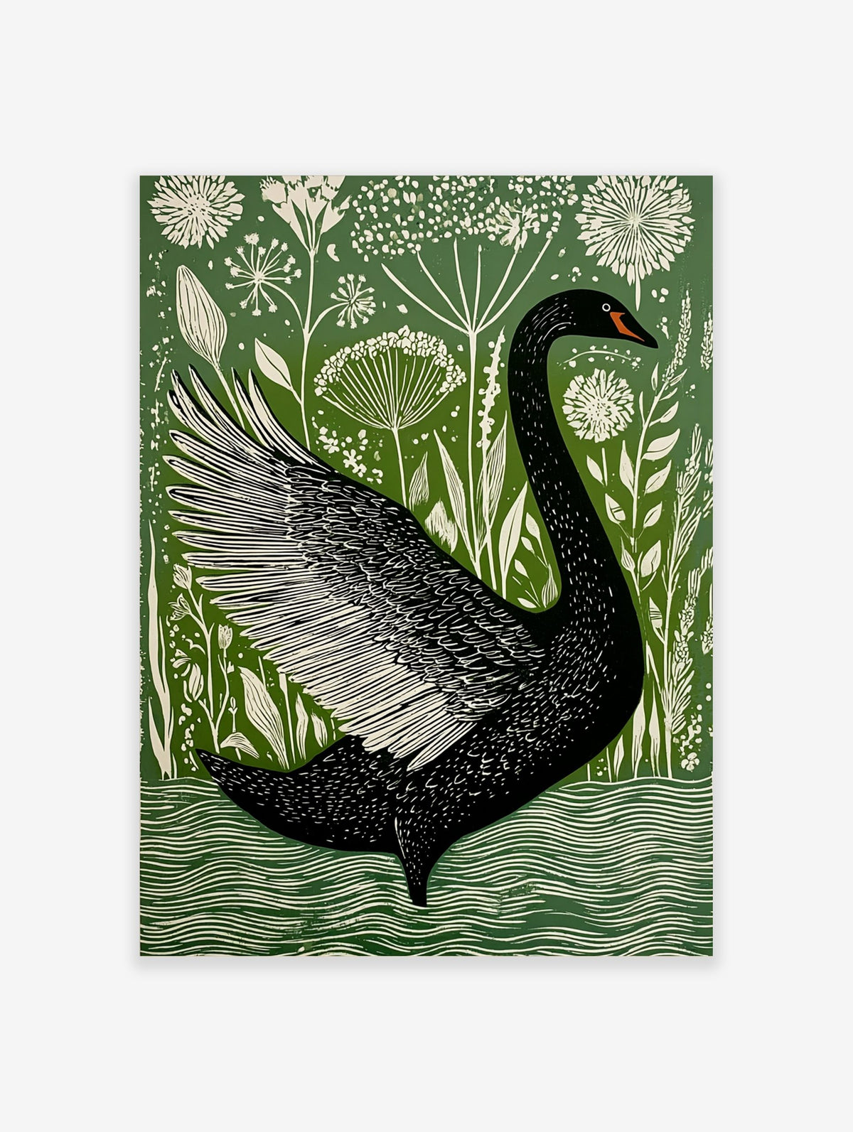 Black swan with fanned wing in illustrative green and white botanical art print, swimming in water
