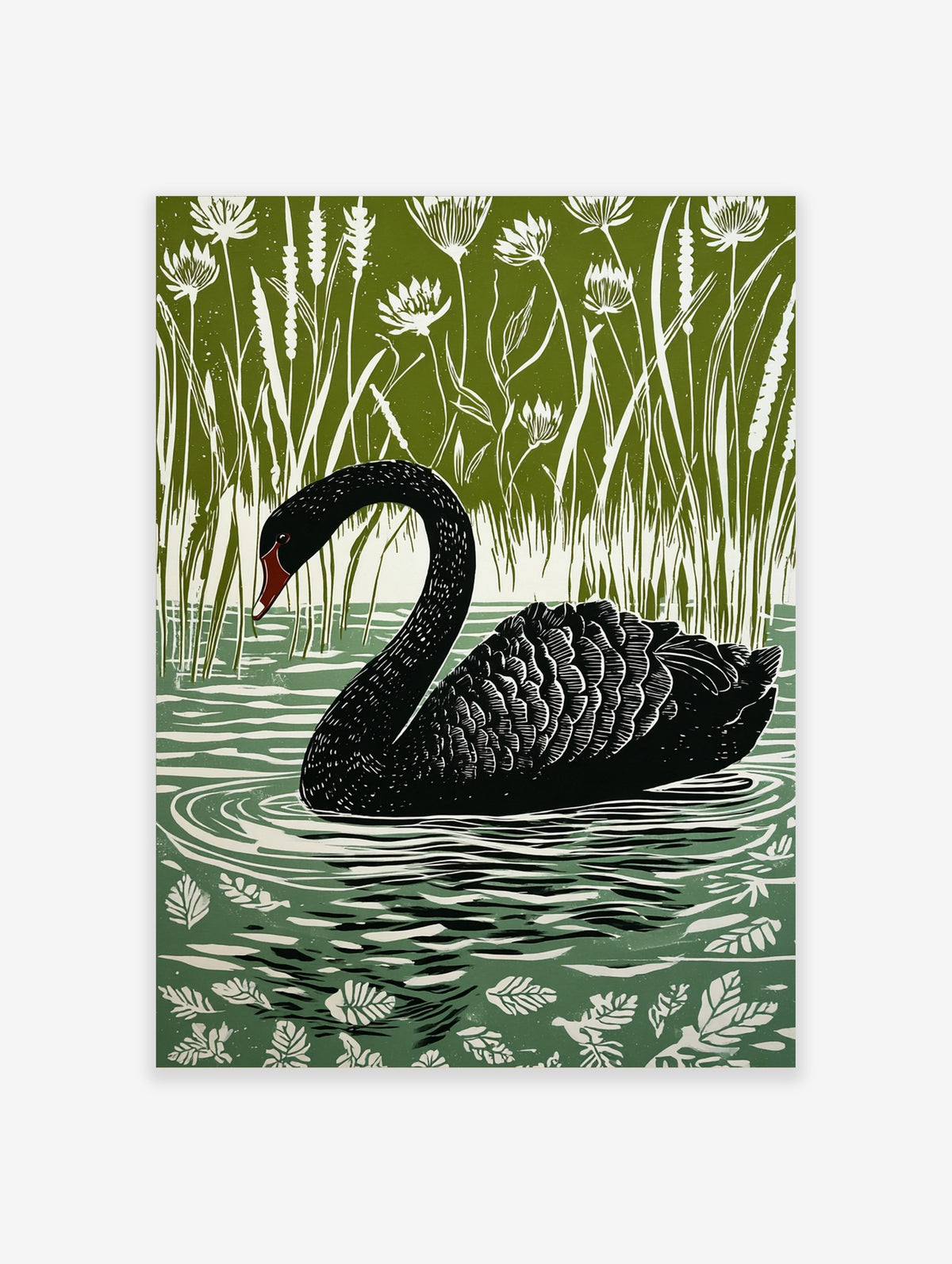 Black swan swimming in water with white ripples, surrounded by tall green reeds and white flowers, illustrative style