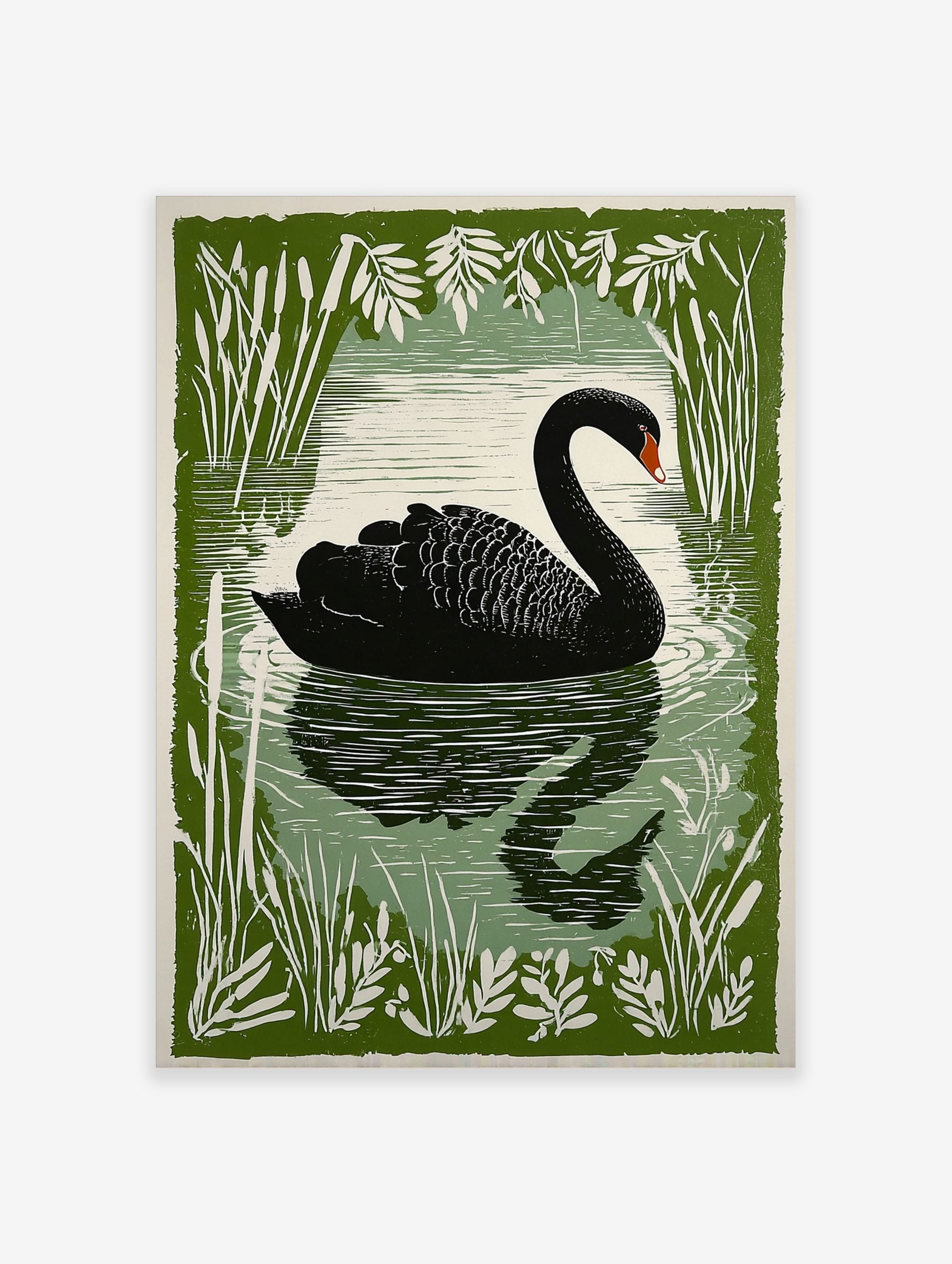 Black swan swimming in a pond, framed by green reeds and leaves, in an illustrative print style