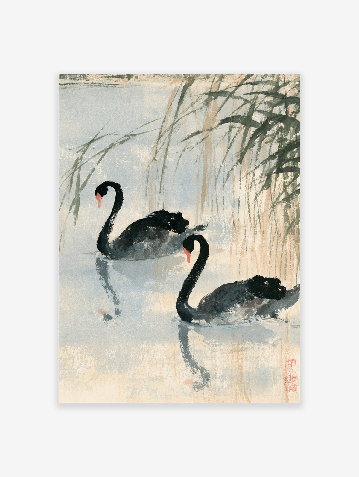 Two black swans with red bills swimming on pale blue water beneath green reeds in a Japanese ink-style print