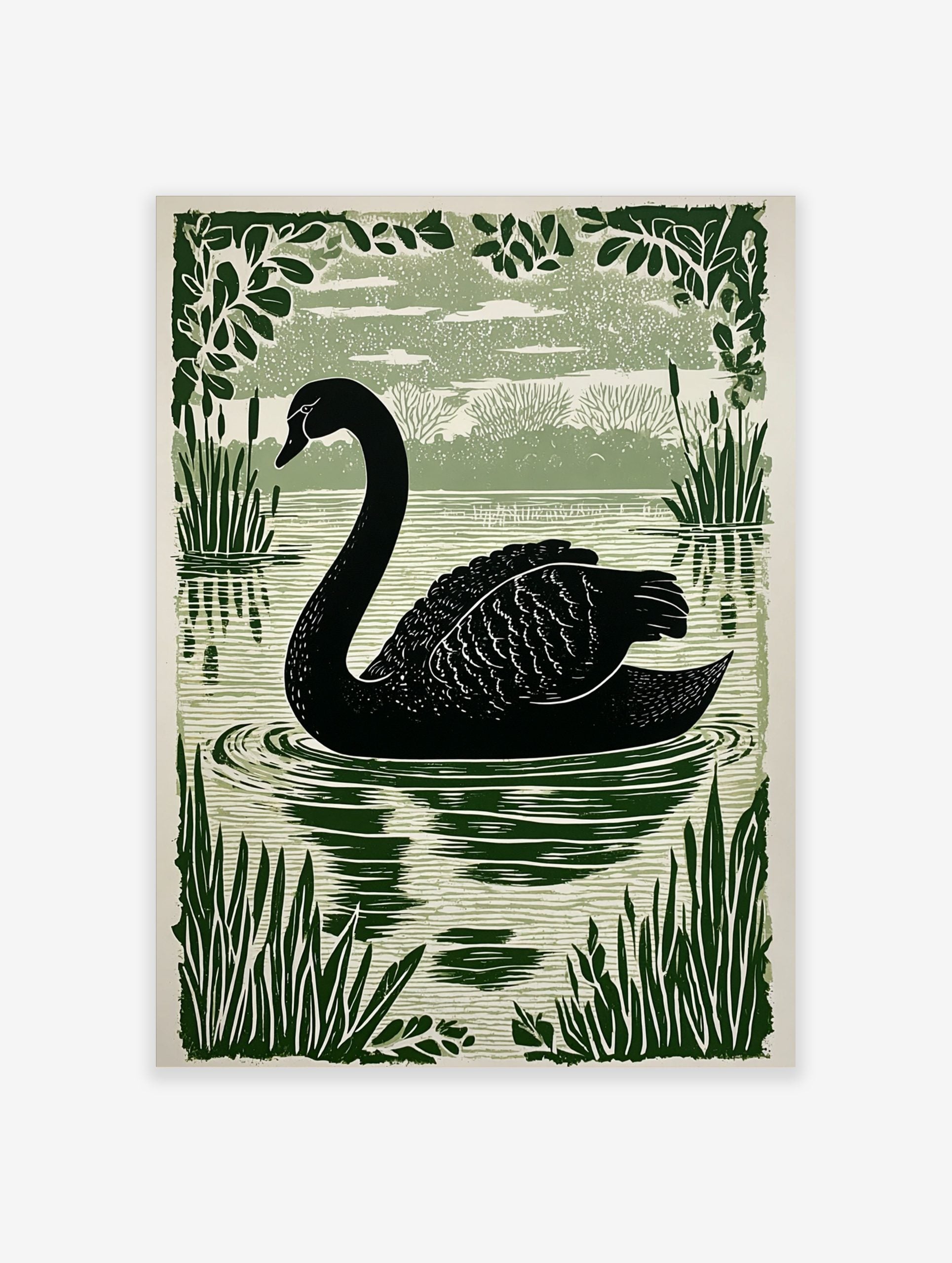 Black swan swimming in water with reeds and foliage, green linocut style print