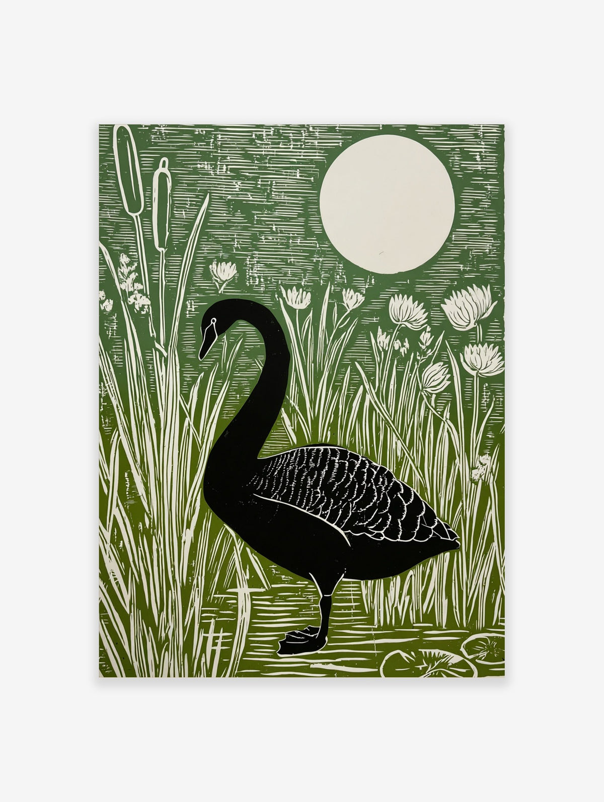 Black swan linocut style art print with cattails, water plants, and a full moon on a green background