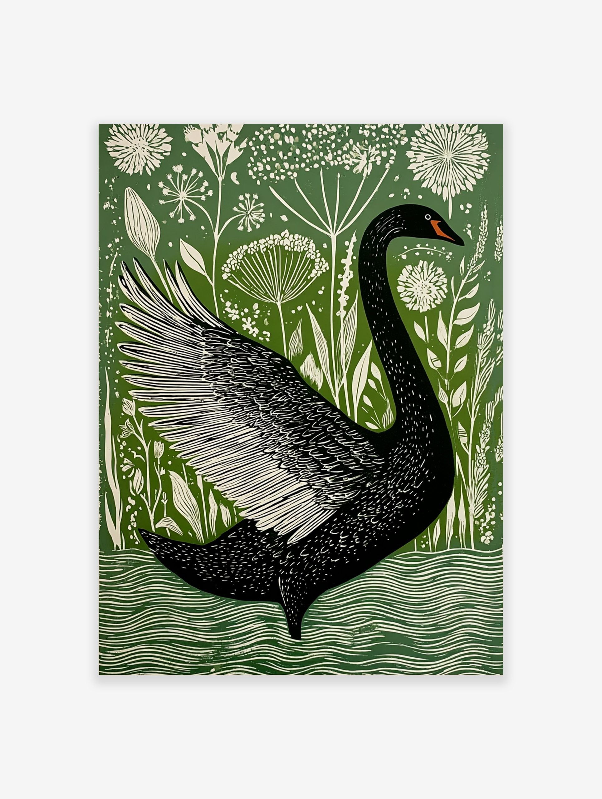 Black swan with outstretched wing swimming in water, surrounded by white wildflowers and green foliage in linocut style