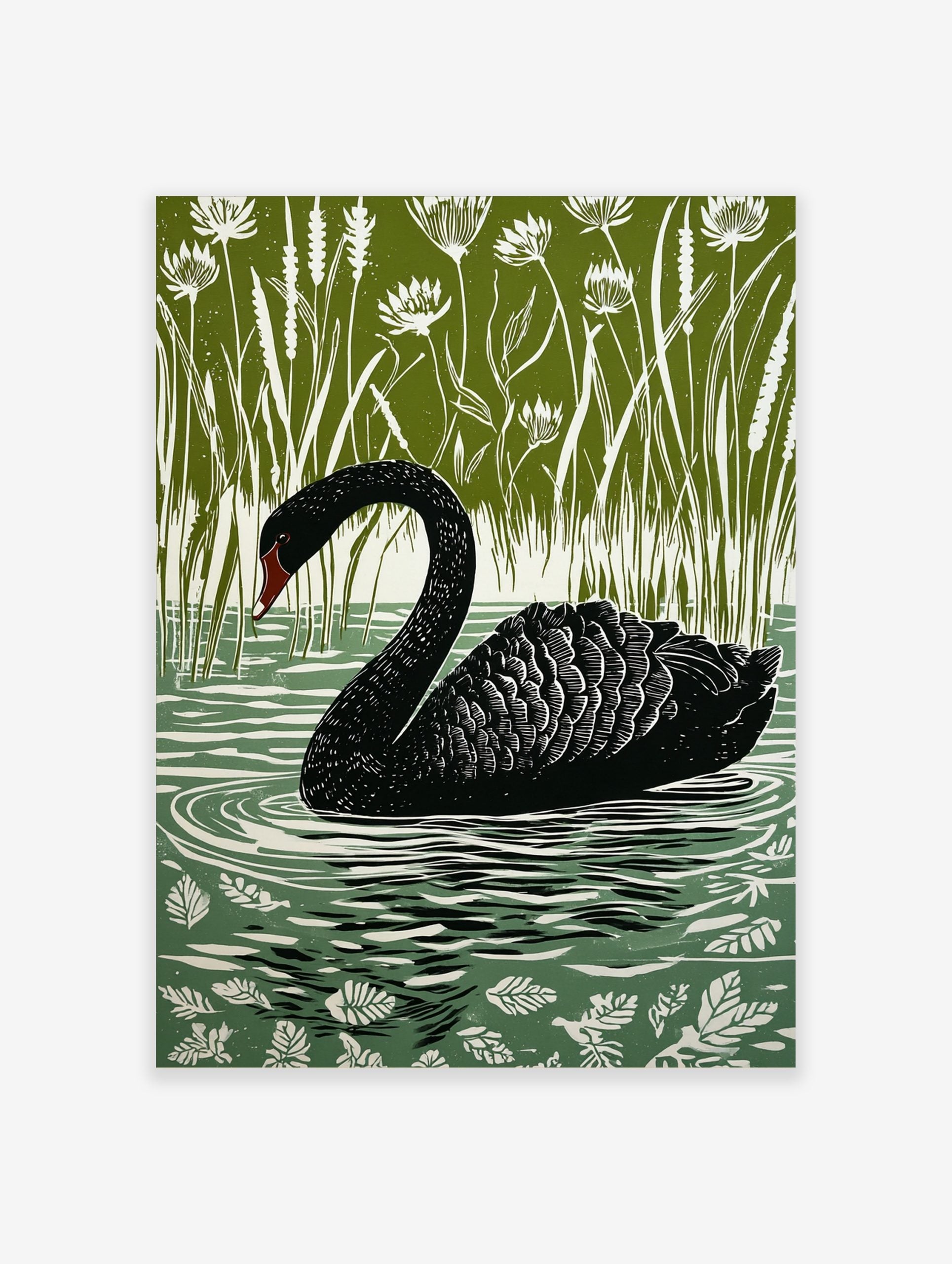 Black swan with red beak swimming in green water surrounded by white reeds and flowers, lino-cut style art print