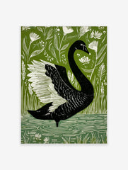 Illustrative black swan with white wings on green background with white botanical plants and water ripples