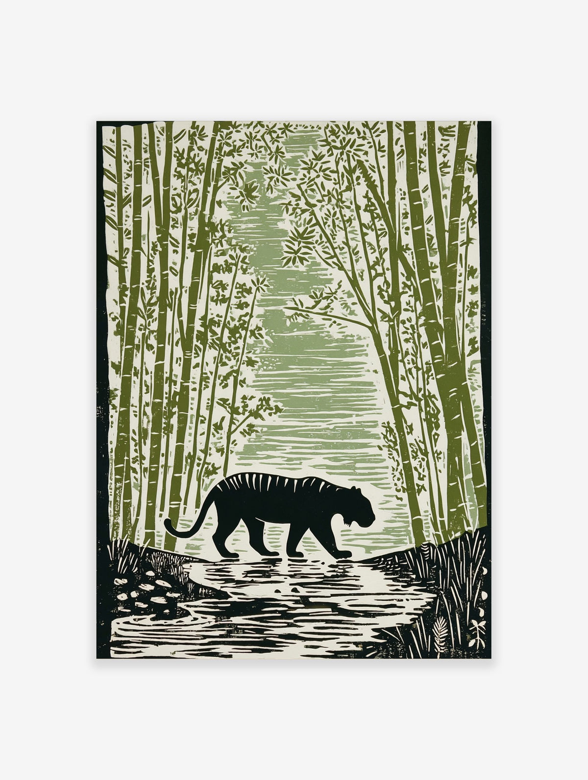 Black tiger with stripes walking through a dense green bamboo forest, river in foreground, illustrative style