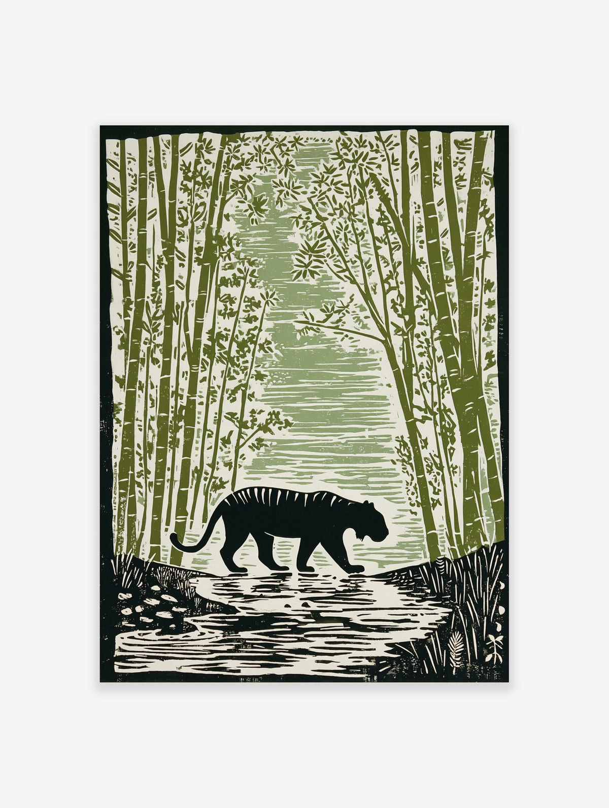 Illustrative black tiger with stripes walking through a green bamboo forest in a woodcut style art print