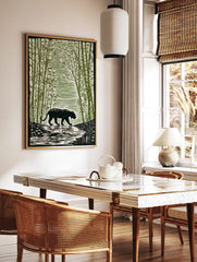Illustrative black tiger with stripes walking through a green bamboo forest in a woodcut style art, in a styled room mockup