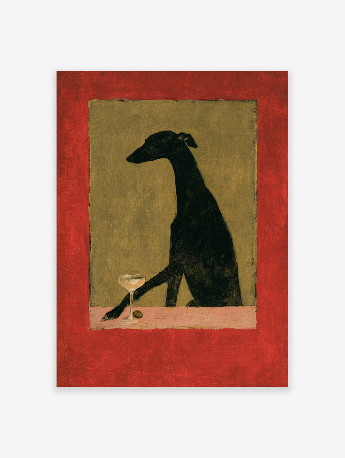 Black whippet dog sitting in profile with a cocktail glass and olive on a pink ledge, olive green panel and red border