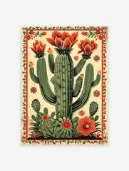 Vibrant blooming cactus poster in a Mexican folk art style, featuring green cacti with orange flowers and a decorative border.