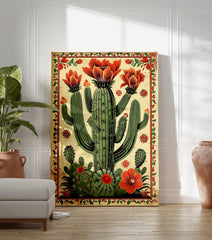 Vibrant blooming cactus poster in a Mexican folk art style, featuring green cacti with orange flowers and a decorative border. - Image 3