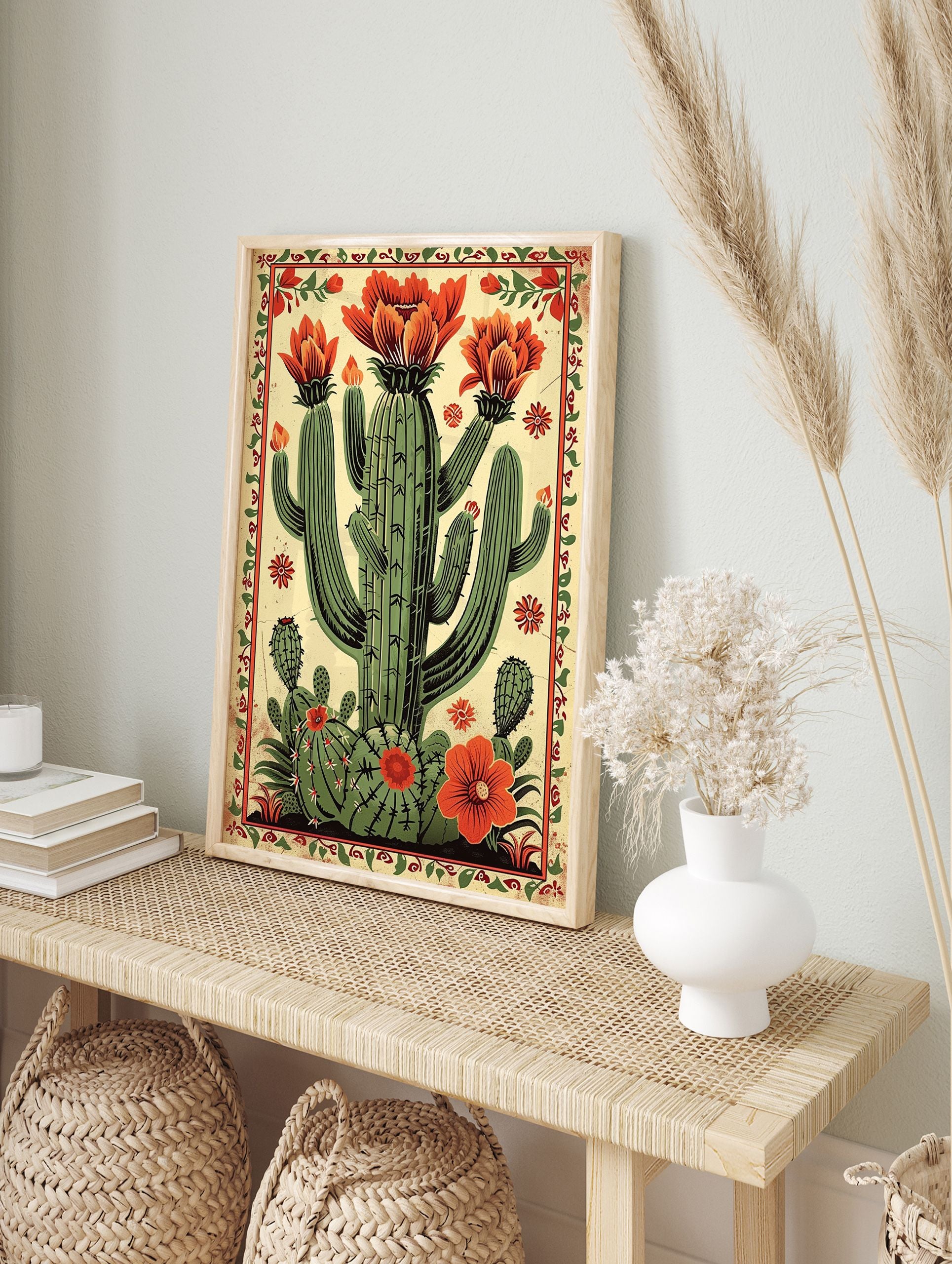 Vibrant blooming cactus poster in a Mexican folk art style, featuring green cacti with orange flowers and a decorative border. - Image 4