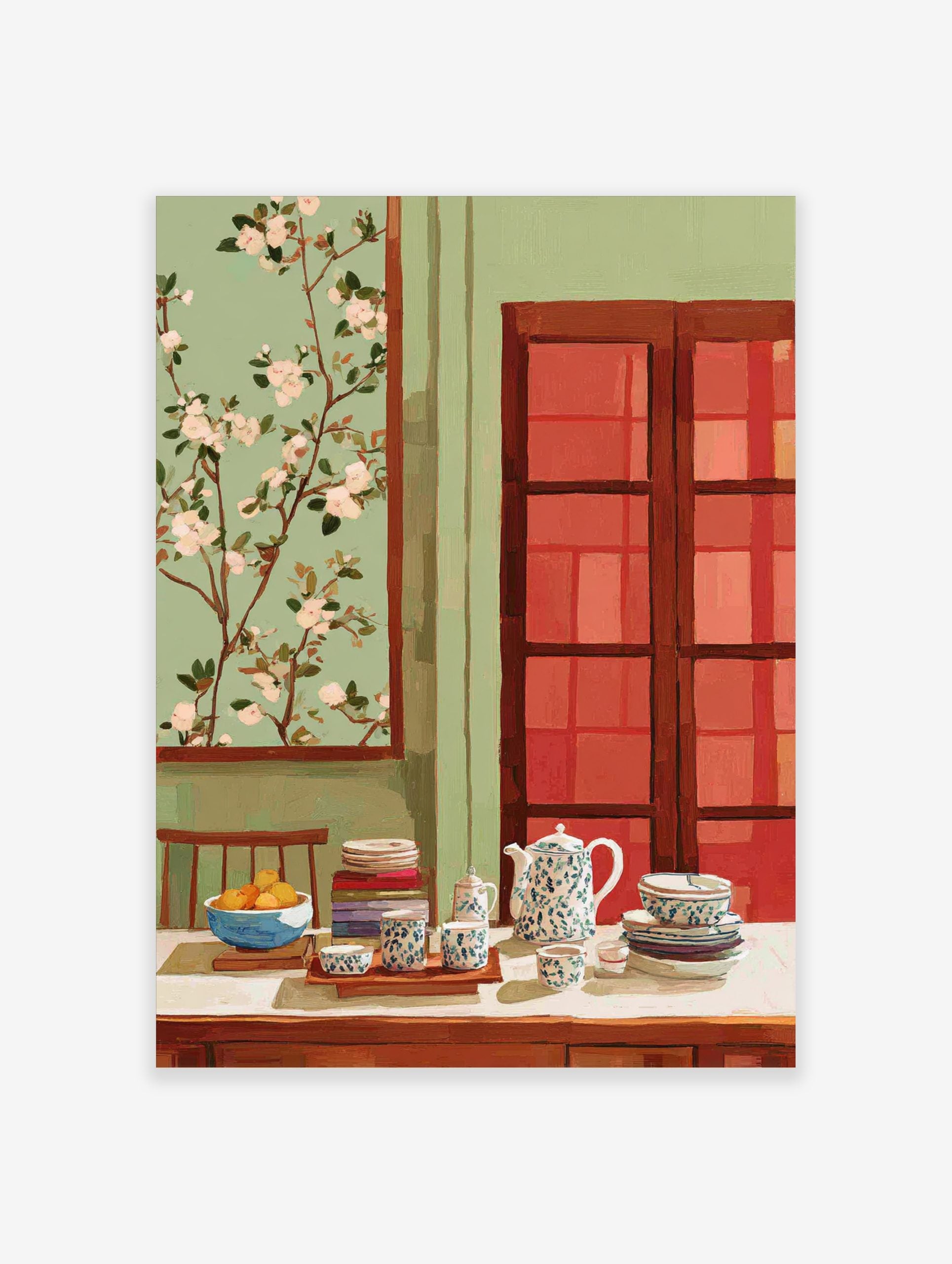 Still life painting of a teapot, tea cups, fruit bowl, and books on a table with blossom art