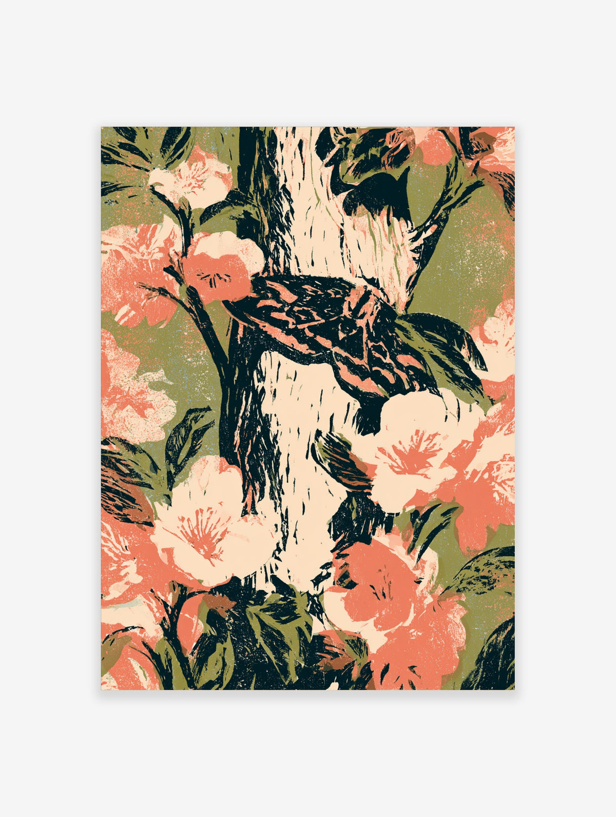 Blossom bird poster with pink cherry blossoms on a tree trunk against a green background