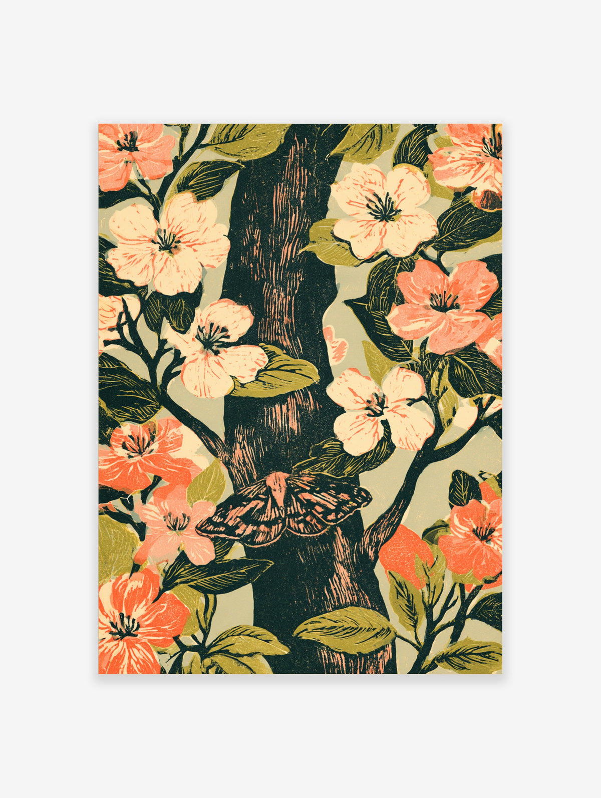 Blossom tree and moth art print with pink cream flowers on dark trunk, retro botanical illustration