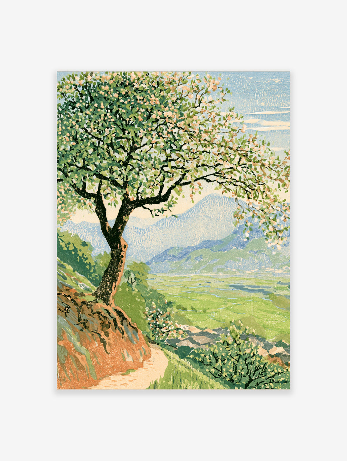 Blossom tree landscape poster with pink flowers, green valley and blue mountains in Japanese woodblock style