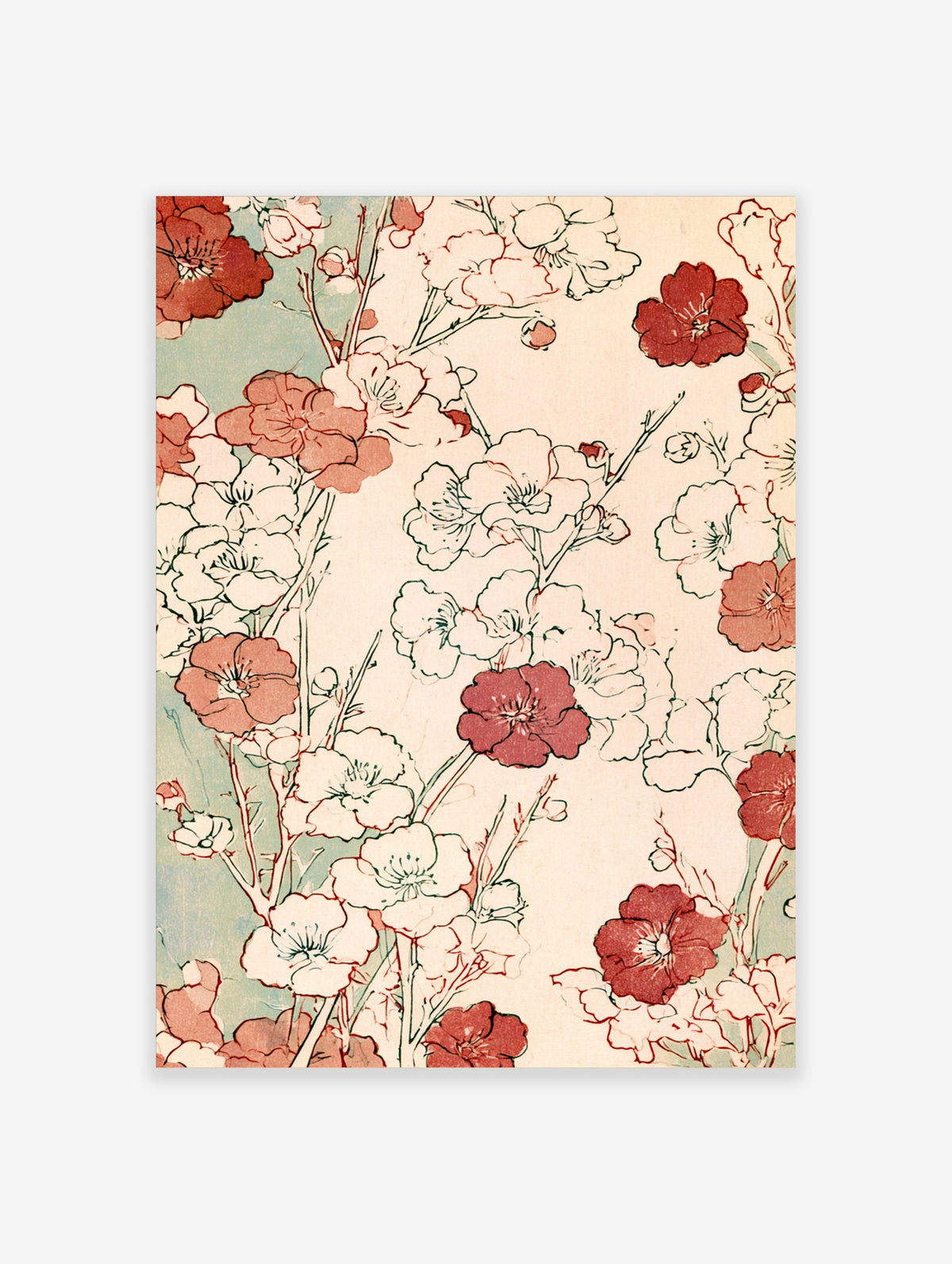 Cherry blossom floral art print with pink and red flowers on branching stems against a cream background