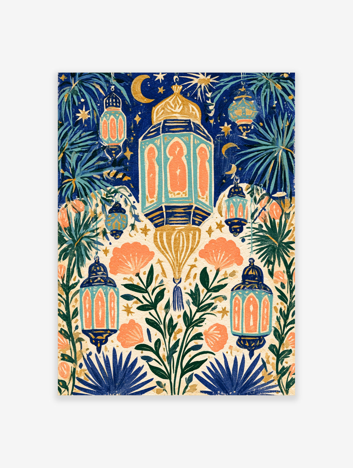 Navy blue and coral lantern wall art print with hanging Islamic lamps, crescent moons, and palm leaves
