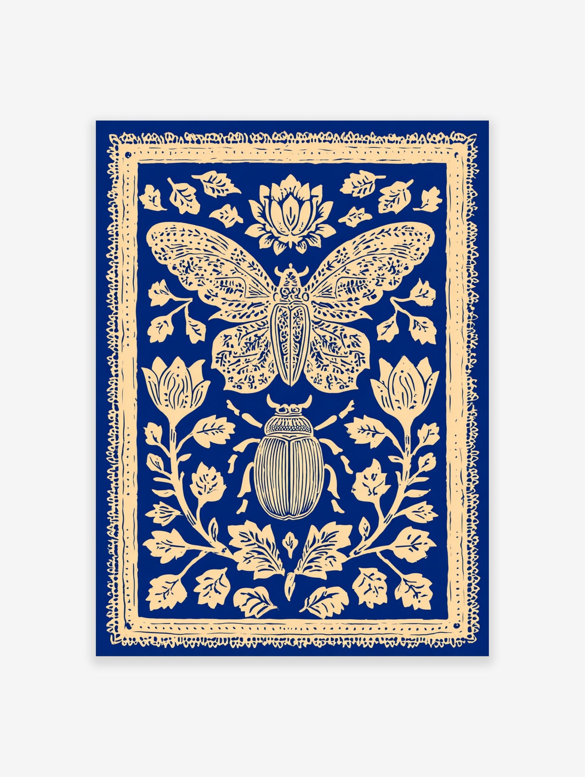 Blue and cream illustrative print of a moth and beetle surrounded by ornate botanical flowers and leaves