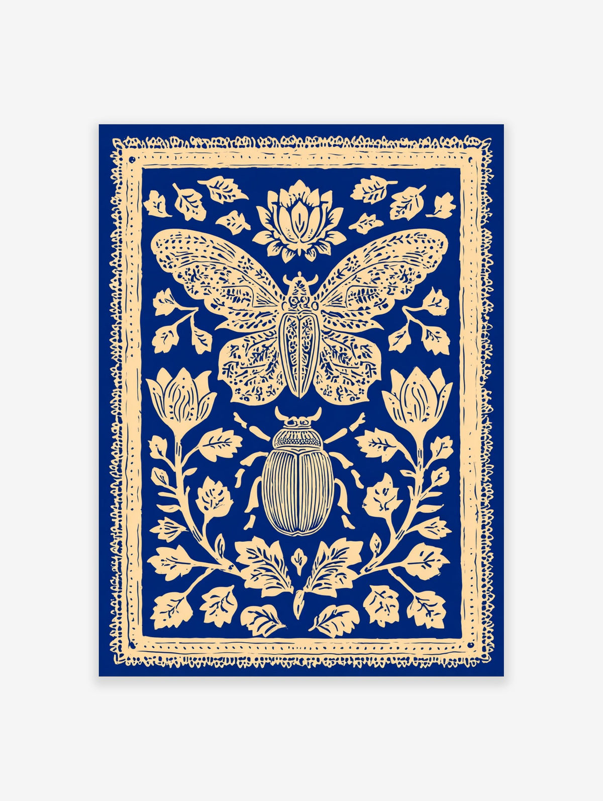Blue and cream illustrative print of a moth and beetle surrounded by ornate botanical flowers and leaves