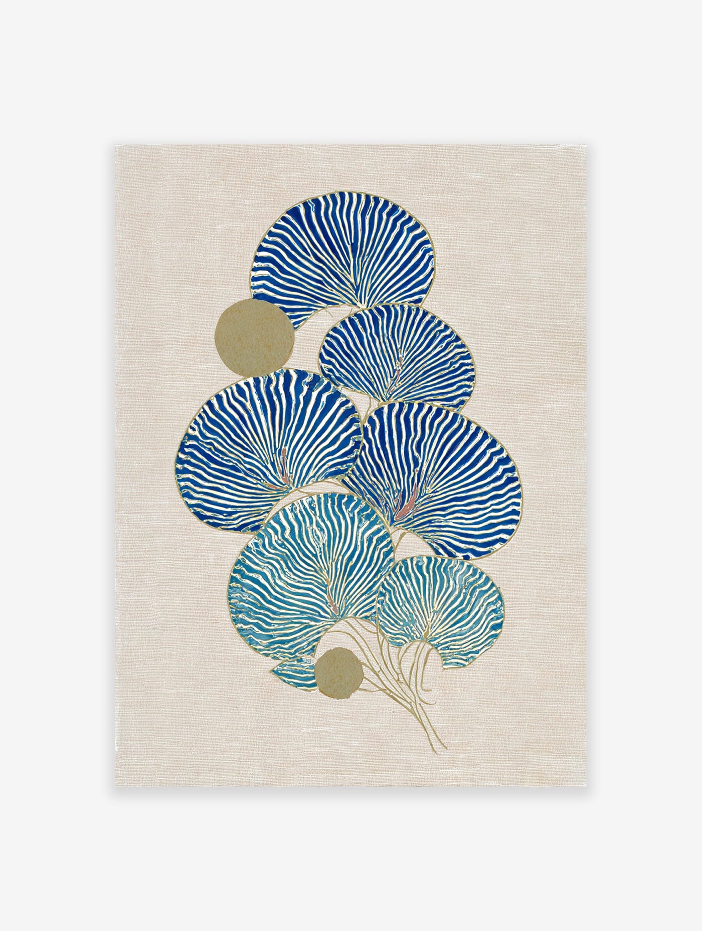 Blue and gold botanical fan leaf wall art print on a textured beige canvas, featuring a cluster of stylized leaves.