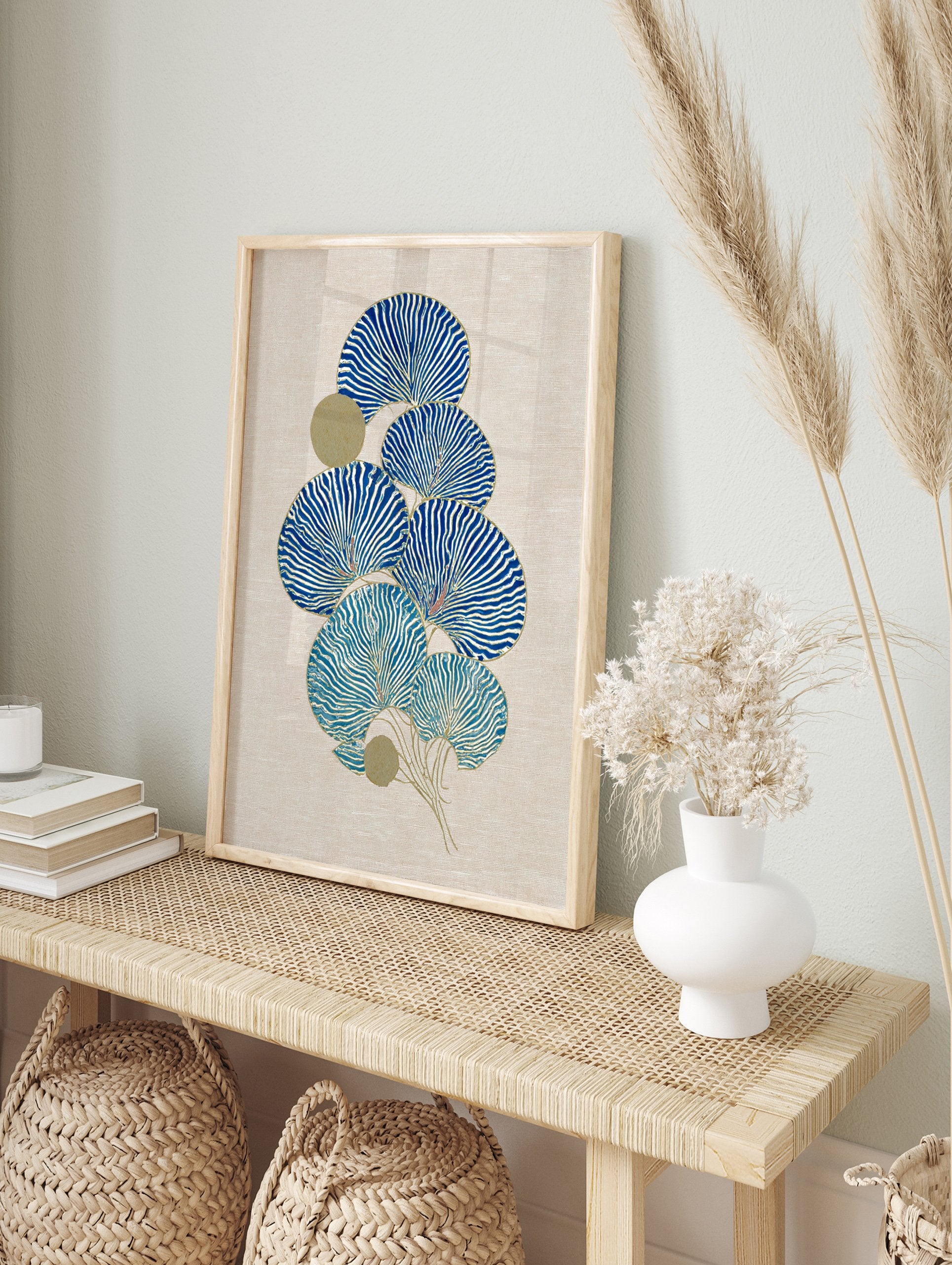 Blue and gold botanical fan leaf wall art print on a textured beige canvas, featuring a cluster of stylized leaves. - Image 3