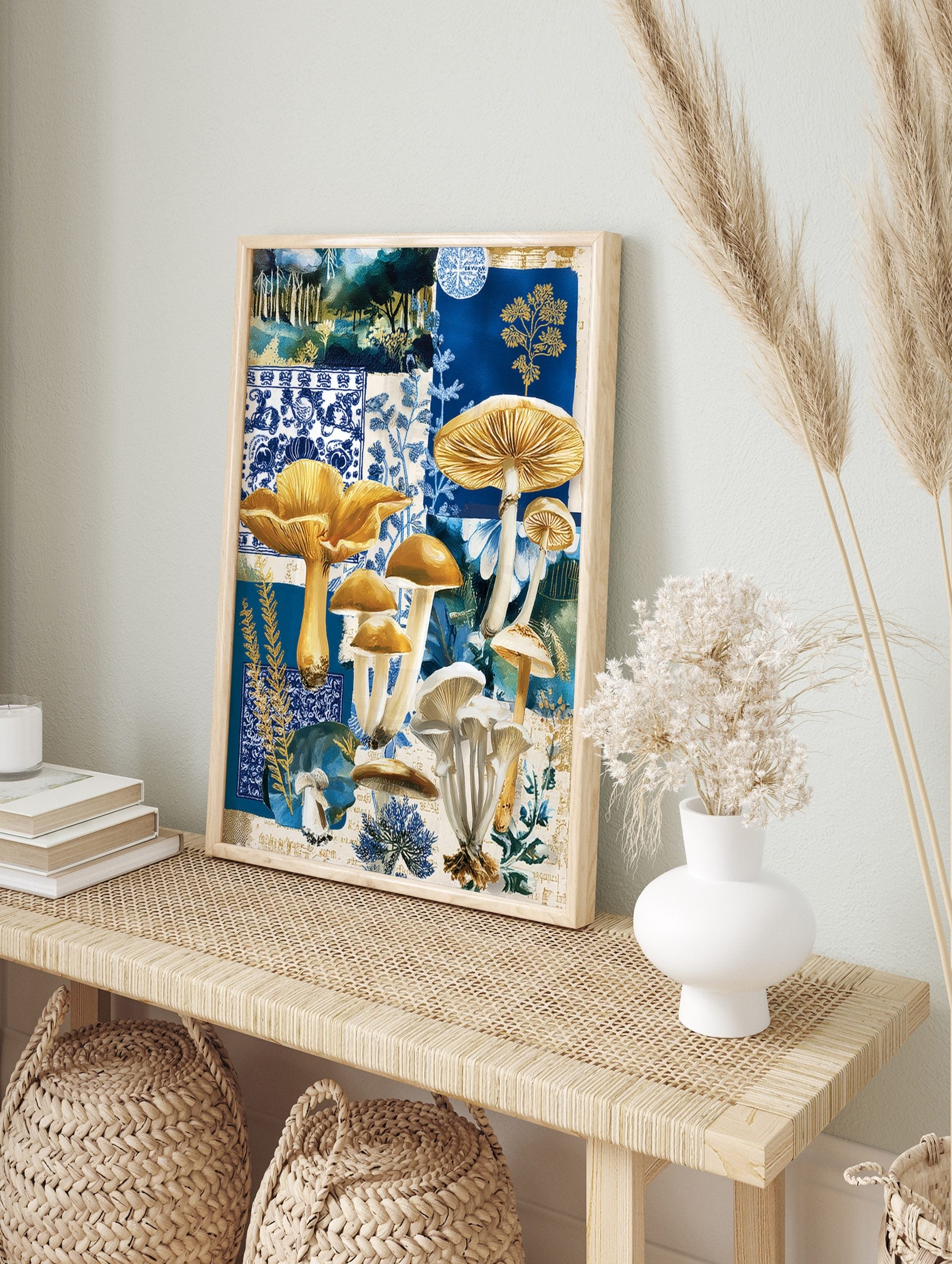 Blue and gold mushroom botanical collage art print with various fungi and patterned, in an alternate framed mockup