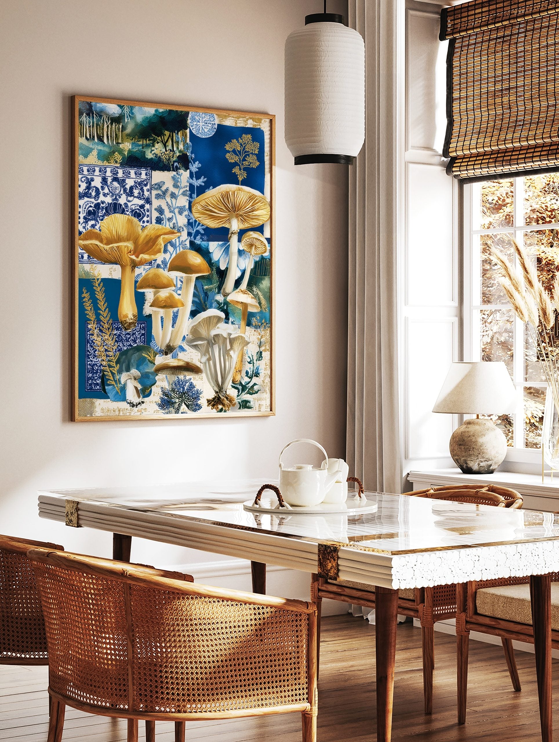 Blue and gold mushroom botanical collage art print with various fungi and patterned backgrounds, in a styled room mockup