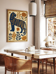 Blue and gold tiger poster in a folk art style, standing amidst botanical plants and flowers. - Image 2