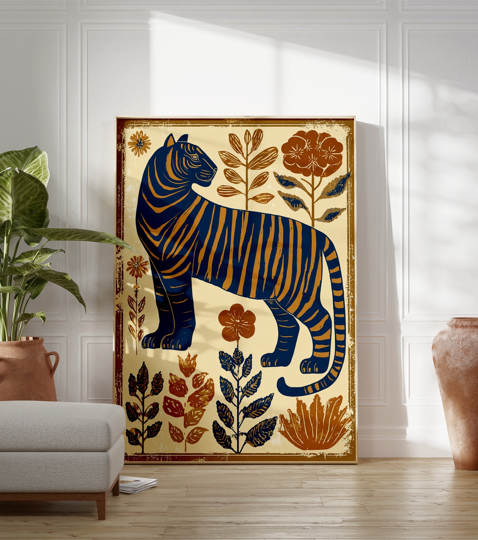 Blue and gold tiger poster in a folk art style, standing amidst botanical plants and flowers. - Image 3