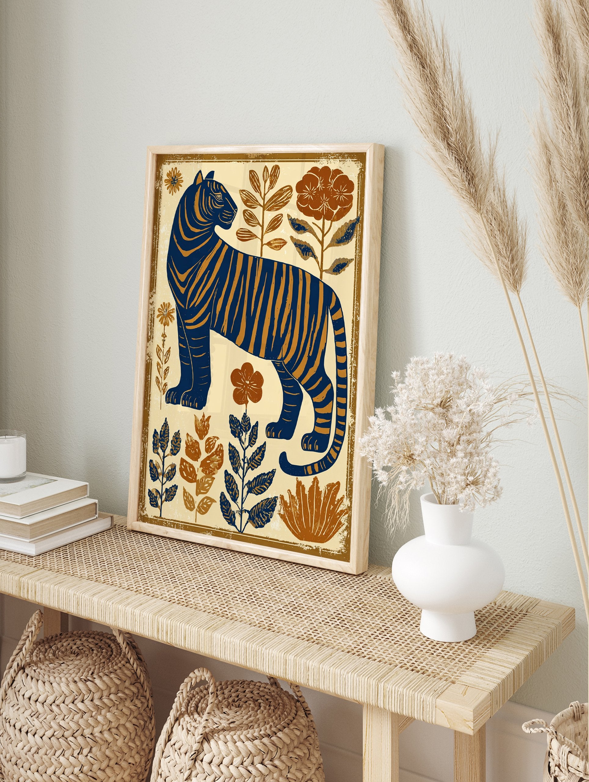 Blue and gold tiger poster in a folk art style, standing amidst botanical plants and flowers. - Image 4