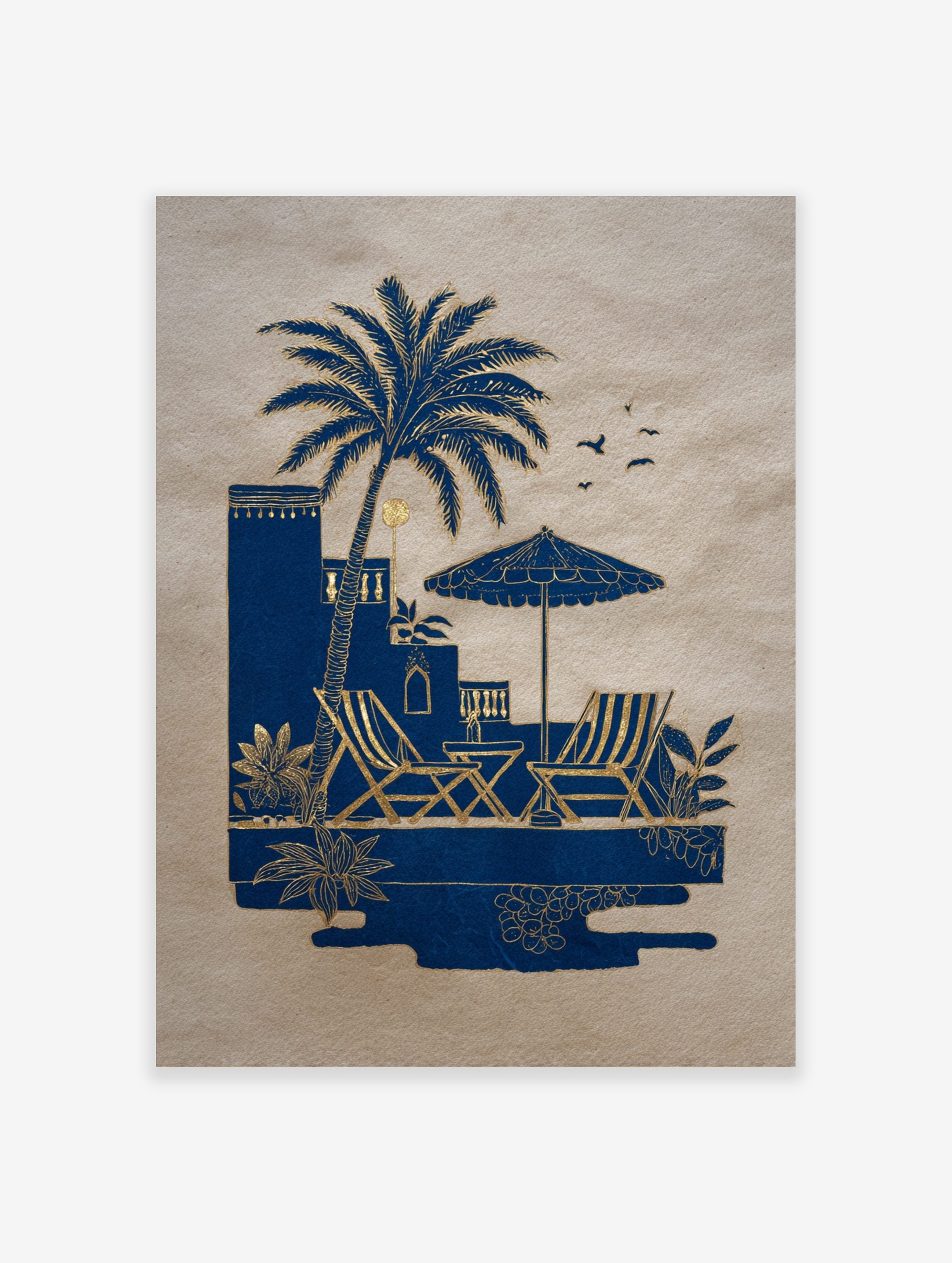 Blue and gold illustrative art print of a palm tree, deck chairs, and parasol by a pool on beige paper