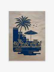 Blue and gold illustrative art print of a palm tree, deck chairs, and parasol by a pool on beige paper