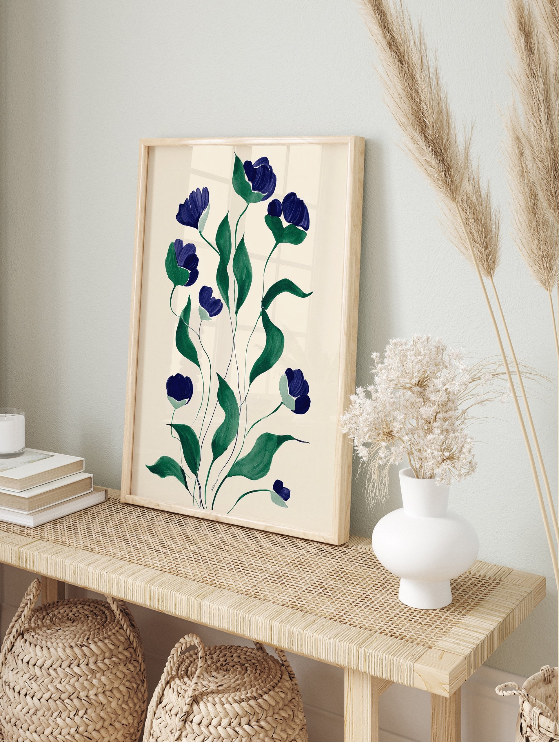 Modern botanical wall art print with deep blue flowers and dark green leaves on a light cream background, illustrative style. - Image 3