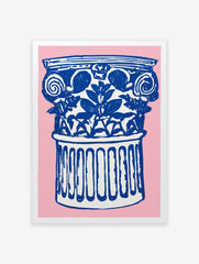 Blue and white illustrative classical column poster with floral motifs on a vibrant pink background for home decor.