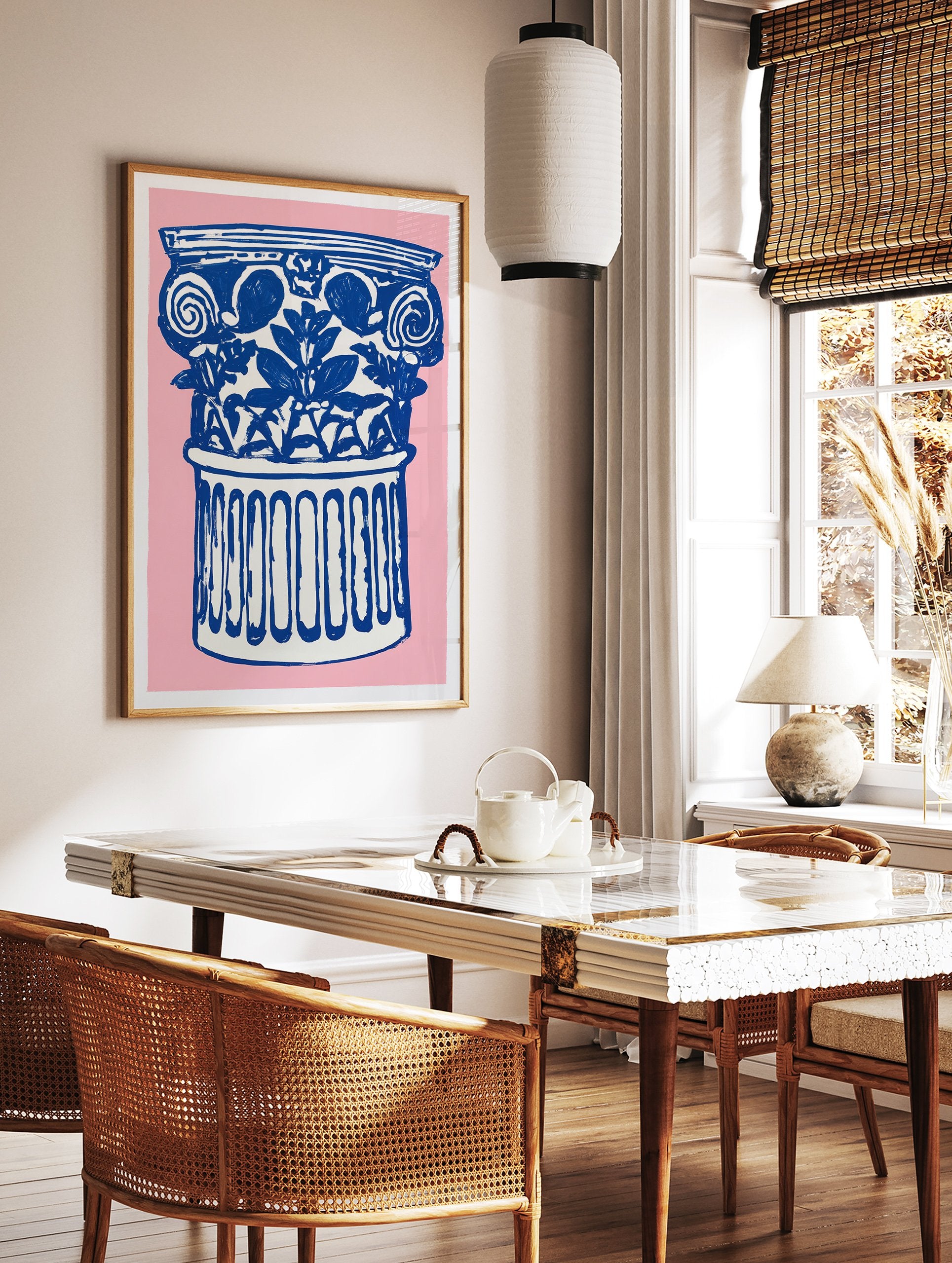 Blue and white illustrative classical column poster with floral motifs on a vibrant pink background for home decor. - Image 2